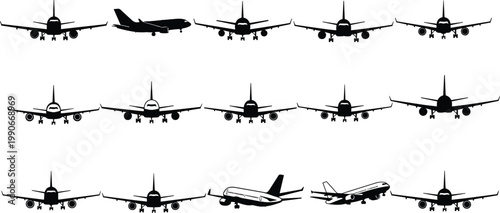 Airplane Silhouette Vector Set, Passenger Jet Icons for Aviation Design, Travel Symbols, Aircraft Landing and Taking Off, Isolated Flight Graphics