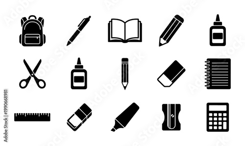 School supplies icon set, 15 black vector education symbols, minimalist stationery icons for back to school marketing and office supplies branding