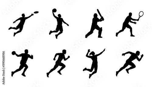 Sport athlete silhouettes collection, 8 black vector icons of people playing sports, active lifestyle figures for competition and fitness branding