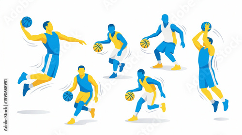 Set of basketball players in various active poses