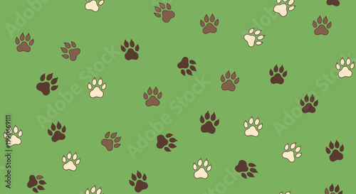 Scattered paw prints in brown and cream on a solid green background