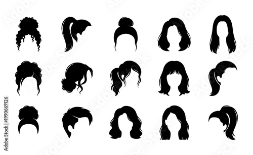 Black silhouette woman hairstyle collection, 15 female hair icons set, diverse lady haircut vector shapes, beauty salon fashion wig elements