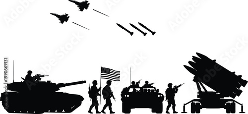 American military forces silhouette illustration with jets soldiers tank armored vehicle missile launcher, defense artwork, black and white vector template set