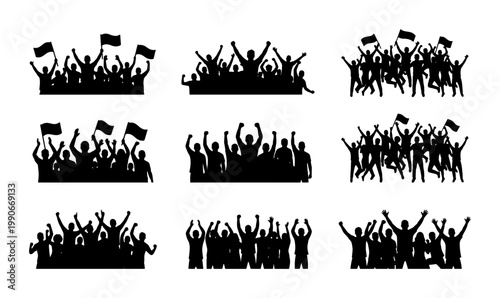 Bild auf Leinwand Cheering crowd silhouettes set, sports fans with flags and raised hands, concert