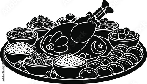 A beautifully illustrated plate of food with a turkey on it