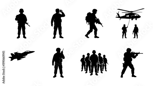 Military soldier silhouettes set, army infantry with weapons and gear, combat helicopter and fighter jet icons, tactical war vector collection