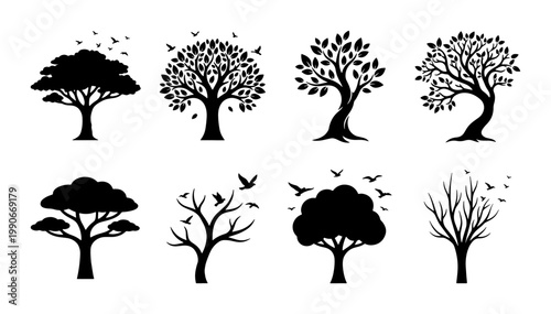 Black tree silhouette collection, set of 8 nature icons with birds, minimalist forest plant vector elements for landscape design and logos