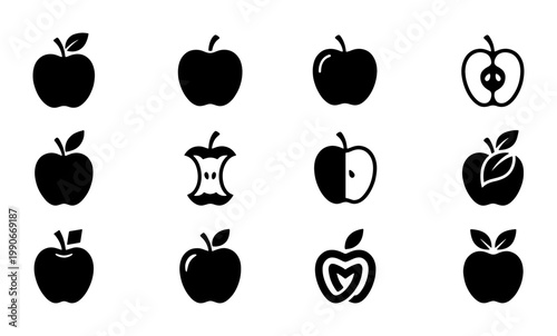 Minimalist apple icon set, black silhouette fruit symbols, collection of 12 vector apple graphics for healthy food branding and nutrition apps