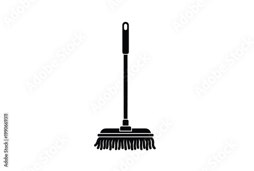 A simple black silhouette of a traditional push broom for cleaning floors