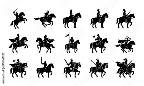 Medieval knight silhouettes set, 15 warrior horseman icons with swords and spears, black cavalry soldier vector graphics for historical gaming