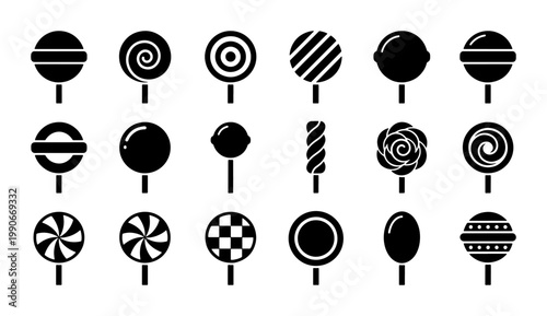 Minimalist lollipop icon set, 18 black candy vector silhouettes, sweet confectionery symbols for food branding, simple sugar treat illustrations