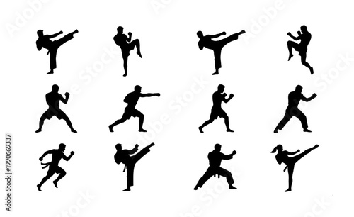 Martial arts silhouettes set of 12 vector icons, karate and kickboxing fighter poses, black combat sport athlete figures for gym branding and posters