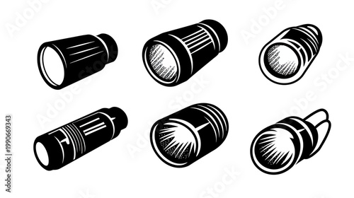 Black and white illustration of different perspectives of cylindrical devices, likely flashlights