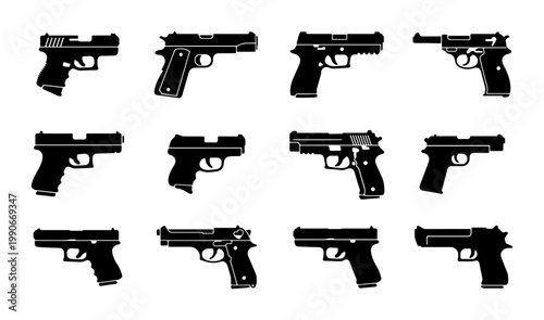 Handgun silhouette collection, set of 12 black pistol vector icons, modern firearm side view illustrations, tactical weapon graphic elements for security