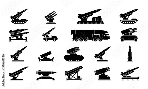 Military missile system icons, set of 20 black vector silhouettes of rocket launchers and ballistic missiles, army artillery and defense equipment