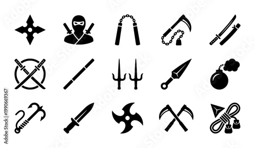 Ninja weapon icons set, black silhouette shinobi equipment collection, 15 martial arts combat tools vector, traditional japanese assassin gear