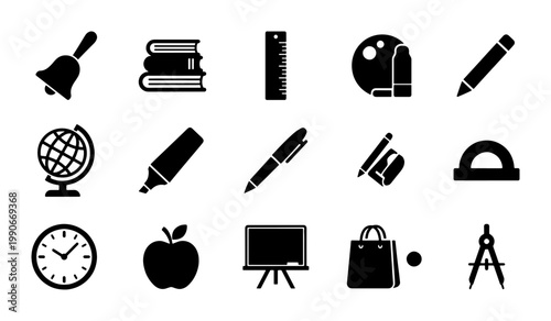 Minimalist school icons set, black solid education vector symbols, collection of 15 academic stationery and classroom equipment signs for web design