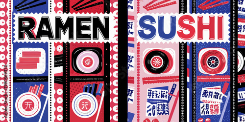 Colorful illustration showcasing ramen and sushi with decorative japanese elements