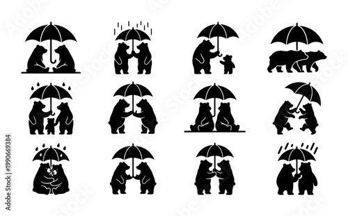 Minimalist bear silhouette icons with umbrellas, set of 12 black animal vector graphics, cute grizzly bear family and couple illustrations for rainy weather
