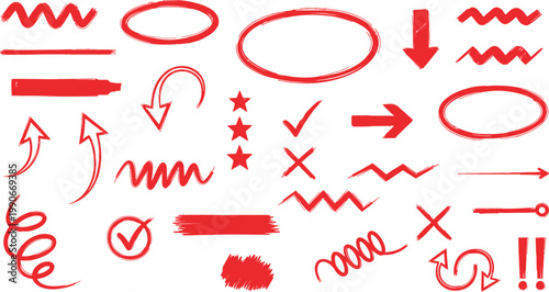Collection of red hand drawn arrows lines and scribbles for annotations and visual communication