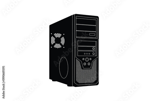 A black computer tower stands isolated against a white background silhouette