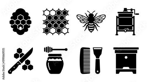 Beekeeping and honey production icon set, black silhouette apiary equipment vectors, 8 organic honey farming symbols for labels and packaging
