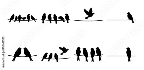 Black bird silhouettes on power lines, flock of birds sitting on wires vector set, minimalist avian wildlife icons for nature design