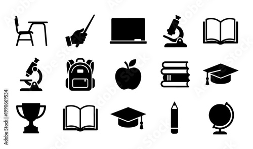 Education and school icon set, 15 black solid vector symbols for learning and teaching, academic study and classroom equipment collection