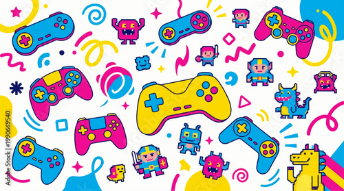 Colorful retro video game pattern with art characters and controllers