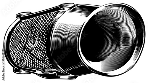 A vintage graphic art rendering of a cylindrical object, detailed with hatching