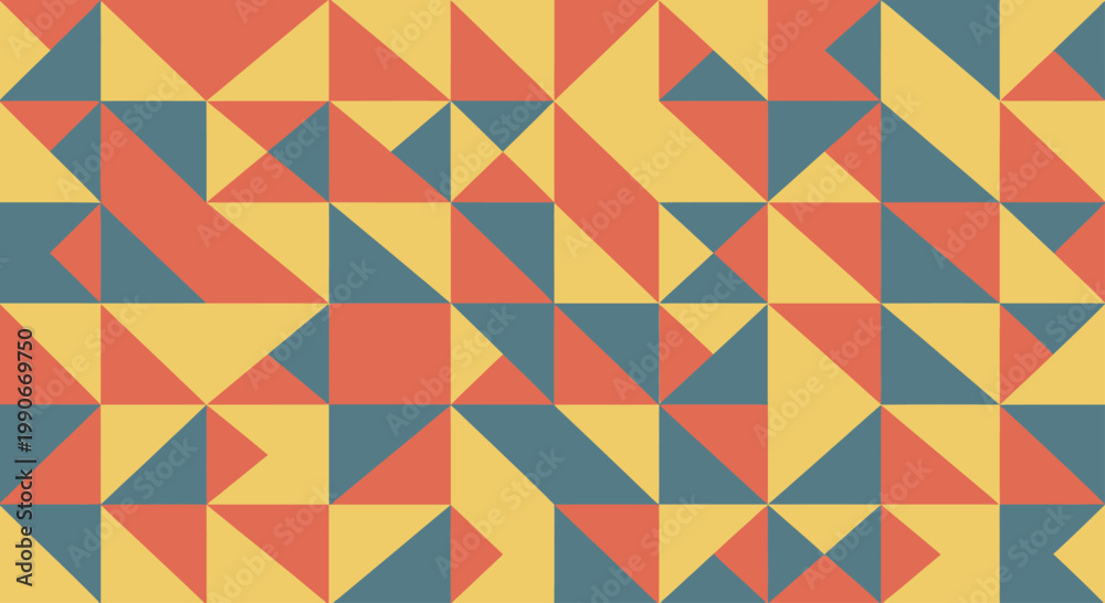 Obraz premium Geometric pattern of triangles and squares in coral, yellow, and teal