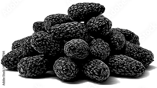 Hand-drawn monochrome pile of blackberries with intricate linework and deep shadows