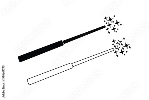 Two magic wands emitting stars a simple black graphic silhouette high quality