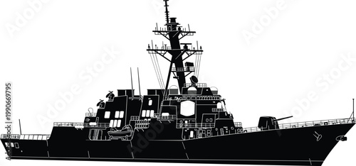 Arleigh Burke destroyer silhouette illustration, naval warship artwork, military technology design concept, black and white vector template set