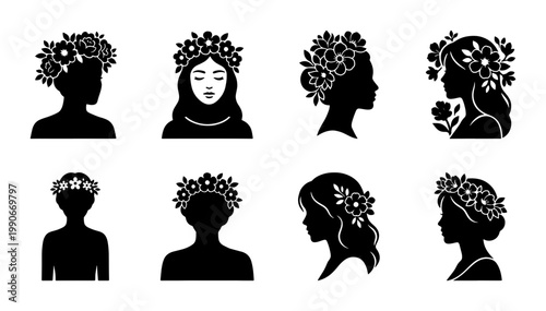 Floral woman silhouette collection, 8 female head portraits with flower crowns, black and white botanical girl avatars, elegant lady profile vectors