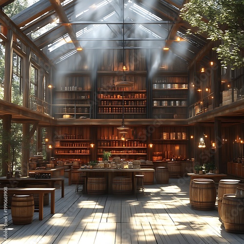 Rustic, spacious, wooden warehouse/store interior, filled with natural light and wooden furniture.  High ceilings, bookshelves, and barrels