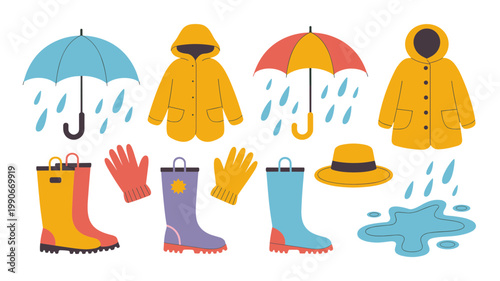Rainy Day Accessories Vector Set Umbrellas, Raincoats, Boots and Weather Gear