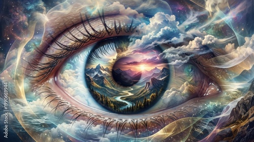 Abstract composite artwork featuring a human eye morphing into a landscape vista, with mountains and clouds seamlessly blending into the iris and pupil, creating a double-vision effect where nature