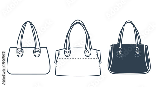 A set of three stylized tote bag illustrations in black and white against a white background