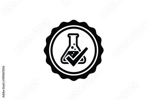 A black badge icon featuring a flask with a checkmark silhouette