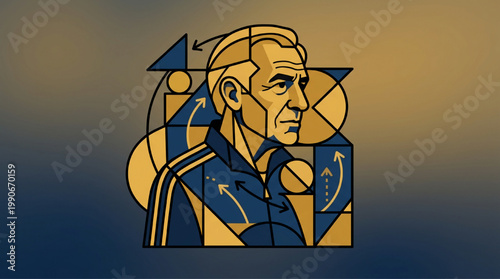 Stylized portrait of a mature male sports coach with geometric design elements