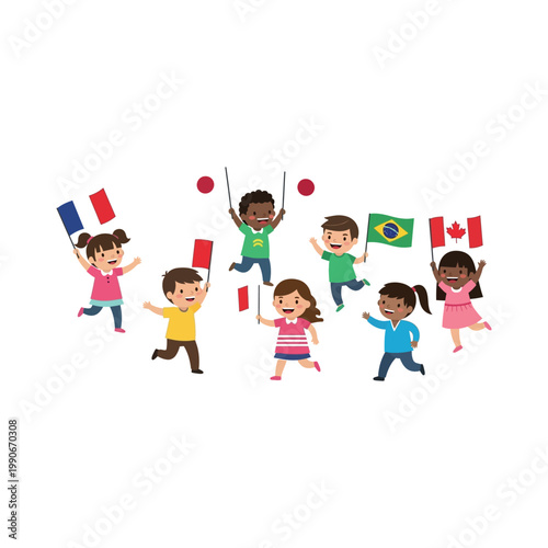 Children joyfully wave flags from various countries while jumping.