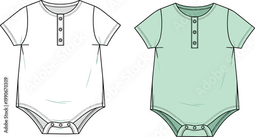 Baby Short Sleeve Henley Bodysuit Technical Sketch Set Featuring Front Button Placket and Snap Closure in Mint and White Colors
