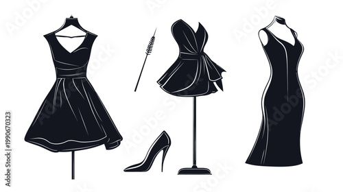 Silhouettes of elegant dresses, high heels, and a decorative element, rendered in stark black and white