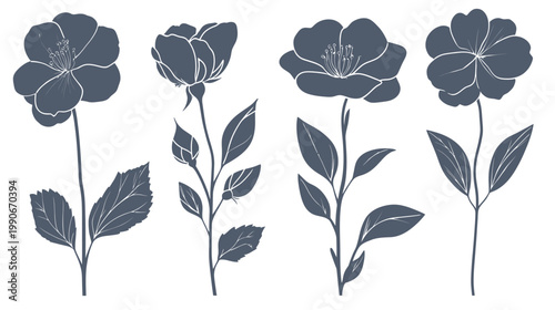 Four stylized illustrations of flowering plant stems with petals, leaves, and buds