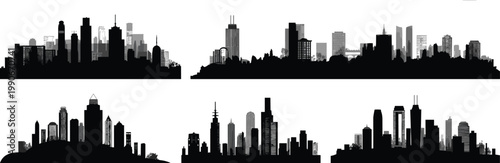 Black and white city skyline silhouette collection featuring urban cityscape horizons with skyscrapers buildings downtown architecture for travel and graphic design