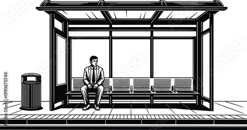 Black and white illustration of a businessman sitting alone at a bus stop shelter, urban public transportation and commuting concept