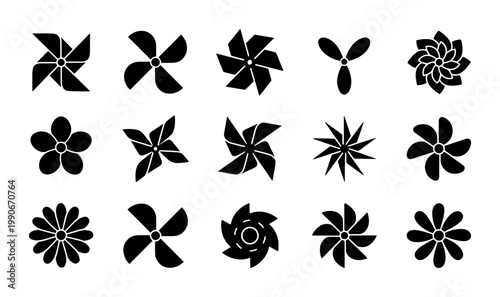 Minimalist pinwheel icon set, 15 black vector wind turbine silhouettes, geometric paper fan and propeller symbols for renewable energy branding