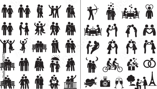 Large collection of romantic couple stick figure silhouettes featuring icons for dating wedding proposal honeymoon travel and love relationship concepts for vectors