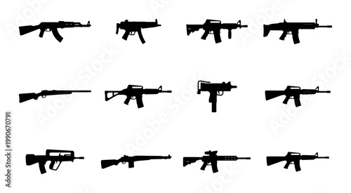 Military assault rifle silhouettes set, collection of 12 tactical firearm icons, black weapon vector graphics for gaming and security design
